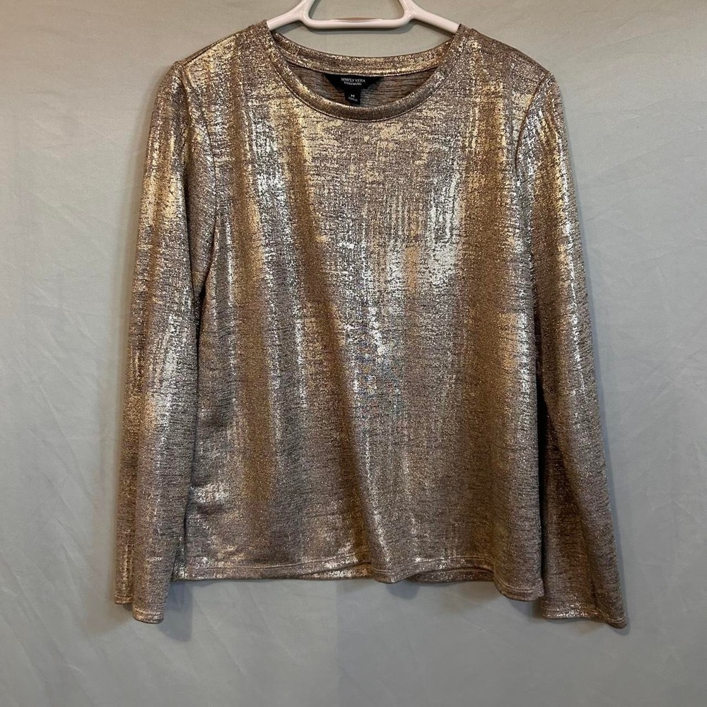 Simply Vera Vera Wang Gold Metallic Festive New Years Long Sleeve Top Medium